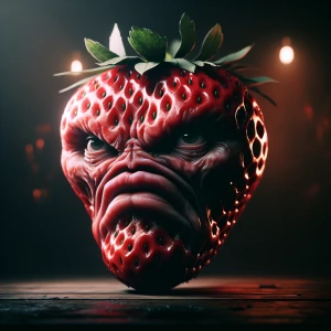 Anthropomorphic strawberry with an exaggerated menacing expressi...