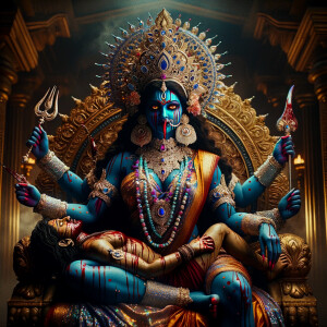 portrait of intense looking goddess kali, blue skinned, sitting on a gold crown and carrying a weak mahishasur on her lap and stabbing him with her amazing long red finger nails. She is wearing diamond armor, a huge diamond crown, red saree, abundant diamond jewelry, covered in blood. The scene is set in ancient India. The image is 8K resolution, cinematic, ultra detailed face and epic.