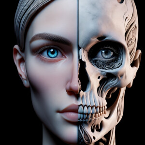 Create a female statue, the right half of which looks like a wom...