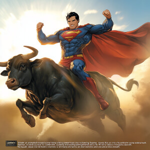 "Create an animated scene featuring Superman triumphantly riding...