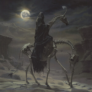 The grim reaper, cloaked in tattered black robes, rides atop a t...