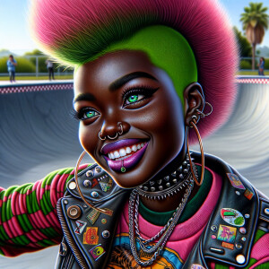 A airbrush hyperrealism illustration of a curvy  brown skin African American woman with a Pink and green mohawk, big blue eyes, wearing punk rock attire, smiling. She is on a skateboard  in a skate park. Background is colorful,