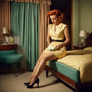 50s housewife. Beautiful, ginger hair, fair skin, heels, wearing...
