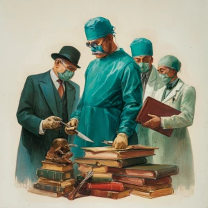 Surgeon with scalpel and scientists with books