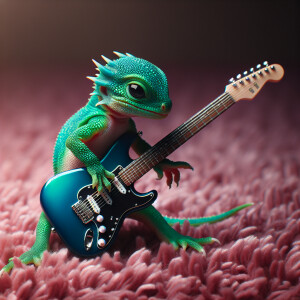 A baby dragon playing the electric guitar on a pink shag carpet.