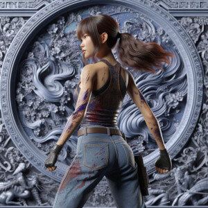 Athletic Thin skinny Attractive, Asian teenage girl, long brown hair and bangs, wearing tight skinny jeans and a halter top paint marks on her clothing, heroic pose Asian graffiti background, backside view