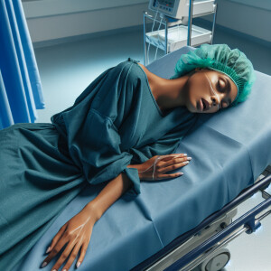Dominican woman Surgery patient fainting wearing green surgical...