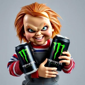 Chucky, the iconic horror movie doll, clutching an oversized can...