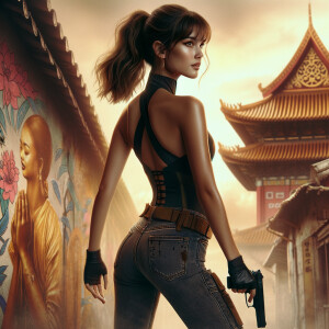 Athletic Thin skinny Attractive, Asian teenage girl, long brown hair and bangs, wearing tight skinny jeans and a halter top paint marks on her clothing, heroic pose Asian graffiti background, backside view