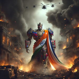 India as a transformer character, adorned with Indian emperor co...