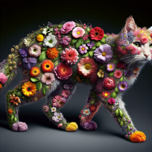 Imagine a cat with a body covered in a vibrant array of blooming...