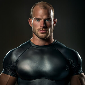 Create a dramatic muscular body childless portrait image of a 27...