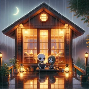 Design an image of a quaint wooden cabin on a rain-drenched even...