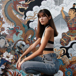 Very thin Athletic Thin skinny Attractive, Asian teenage girl, long brown hair and bangs, wearing tight skinny jeans and a halter top paint marks on her clothing, sitting side view heroic pose Asian graffiti