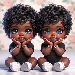 Imagine a pair of adorable, 3D animated african-American, infant twins with radiant blue eyes and curly black hair, posed with their chubby cheeks resting in their hands. They're dressed in simple yet stylish black onesies. Delicate jewelry adorns their wrists. They're seated comfortably with white sneakers on their feet. The background is a soft pastel floral pattern, creating an atmosphere of innocence and charm, without any text present in the image.