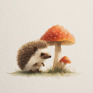 Little hedgehog next to medium mushroom, cozy vintage style, war...