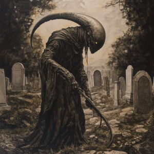 Alien reaper collects souls from a cemetery