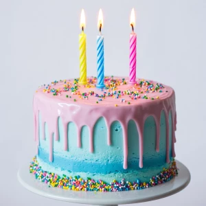 A vibrant, festive birthday cake with three lit candles on top. The cake is a two tiered sponge with colorful frosting—pastel pink on the top layer and sky blue on the bottom. The frosting drips slightly over the edges for a delicious effect. Bright, multicolored sprinkles are scattered over the top. The three candles are evenly spaced, each with a different color—red, yellow, and blue—with soft glowing flames. The background is white