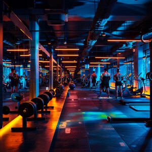 prompt: A modern gym filled with people lifting weights, perform...