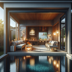 A pool house that has 2 bedrooms, a bathroom, a changing room th...