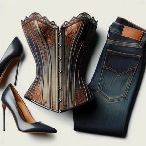 corset outfit tight lowrise jeans high heels