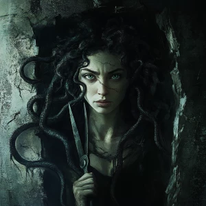 Create an image of Medusa holding shears, her snake hair express...