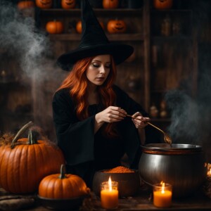 Light ginger haired female dressed as witch stirring cauldron