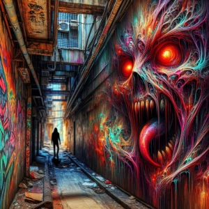 Twisted, nightmarish graffiti covering a decaying urban alleyway, dripping and pulsating with unnatural colors; a shadowy figure with glowing red eyes lurks in the background, ultra-detailed, ultra-realistic, masterpiece, HDR, 8K resolution