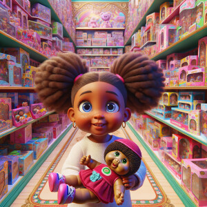 Create a 3-D image of a little girl inside of a very large toy store. The little girl has thick, ponytails and huge blue eyes. She is playing with her favorite doll, the doll is a African-American Cabbage Patch doll. That looks just like her.