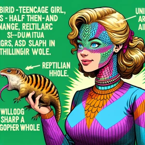 bare female teenage hybrid lizardgirl with large chest and rainb...