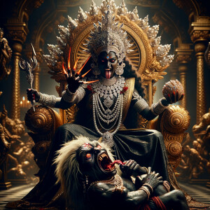 portrait of extremly angry looking goddess durga, black skinned,...