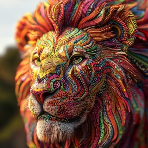 Create a 3D-rendered 8k UHD image of a lion with an extremely detailed, oversized psychedelic mane, incorporating vibrant colors and intricate patterns to emphasize a professional level of detail.