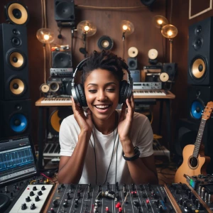 Create an image of a person surrounded by various musical instru...