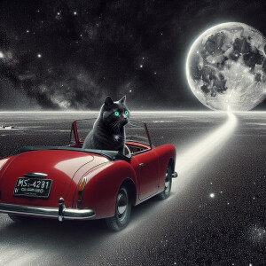 the cat in the car driving to the moon