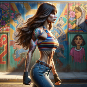 Athletic Thin skinny Attractive, Asian teenage girl, long brown hair and bangs, wearing tight skinny jeans and a halter top paint marks on her clothing, heroic pose Asian graffiti background, side view