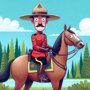 A comical caricature of a canadian mounty on his horse