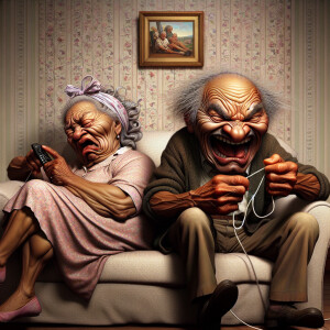 Digital art, a stylized African-American elderly couple wearing...