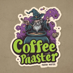 sticker design, hand-drawn wizard brewing coffee in a cauldron,...