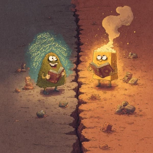 A cartoon of two characters: one surrounded by glowing light and...