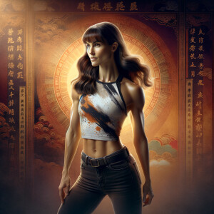 Athletic Thin skinny Attractive, Asian teenage girl, long brown hair and bangs, wearing tight skinny jeans and a halter top paint marks on her clothing, heroic pose Asian graffiti background, backside view