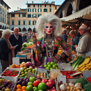 Lady Gaga selling food at a market in Italy