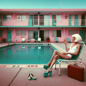 1990’s era image of a neglected pink retro hotel featuring a siz...