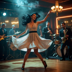 A dynamic, cinematic shot taken on a Leica M10 with a 35mm f/1.4 lens. Dahlia Valentina (DahliaValentina_ai) (fit tall supple well endowed tanned Italian American model with long wavy black hair) swings effortlessly in a late-night 1940s jazz club, her polka-dot dress billowing as she is spun into an aerial move by her dance partner. Her expression is joyful, her black heels barely touching the wooden floor. The dimly lit club, filled with vintage chandeliers, brass instruments, and smoky silhouettes, creates a moody yet vibrant energy. A live band plays in the background, the brass gleaming under soft amber lighting. Her hair flows as she moves, exuding playful charm. The photograph captures the pure joy of swing dancing—fast, fluid, and effortlessly stylish.”