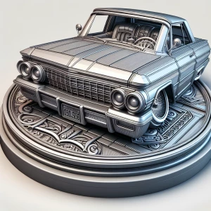 Design a high-contrast grayscale 3d bas relief of lowrider with front end bounced up in the air , The composition should be circular like a coin emblem, designed for CNC routing with balanced lighting to accentuate fine details, sharp edges, and distinct textures. Employ deep shadows and strong highlights to define planes and surfaces clearly.