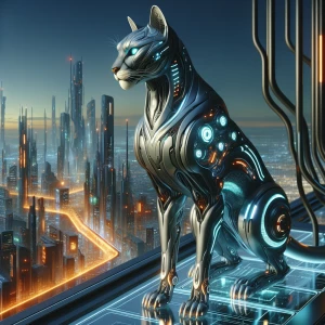 A futuristic feline creature perched on a glass bridge overlooking a vibrant, neon-lit city. Its sleek body is adorned with subtle, glowing accents that mirror the patterns of the city below