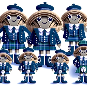 A group of clams wearing Scottish matching dark blue tam hat kil...