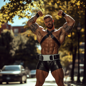 In this image, a muscular man is posing on an outdoor street, fl...