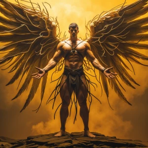 This striking image depicts a powerful, winged figure against a...