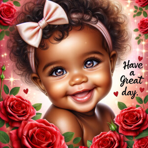 Create a vibrant and joyful image featuring an Light skin, African-American adorable baby with a captivating smile and sparkling eyes, exuding happiness and innocence. The baby wears a delicate headband with a graceful bow, suggesting a touch of elegance. Surrounding the baby are rich, red roses in full bloom, symbolizing love and beauty. The image radiates positivity and warmth, further enhanced by an overlay of magical sparkles and a message that reads "Have A Great Day" in cheerful, bold font. This composition should feel like a heartwarming greeting, perfect for spreading cheer and good wishes.