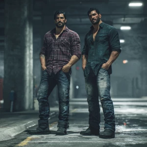 Scene Description:
Two rugged men stand confidently in a dimly l...